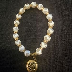 Rustic Cuff White and Gold Beaded Bracelet with Gold Charm